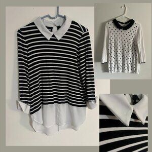 ELLE Preppy Knit Top Bundle Polka Dot & Stripe Peter Pan Collar Size L